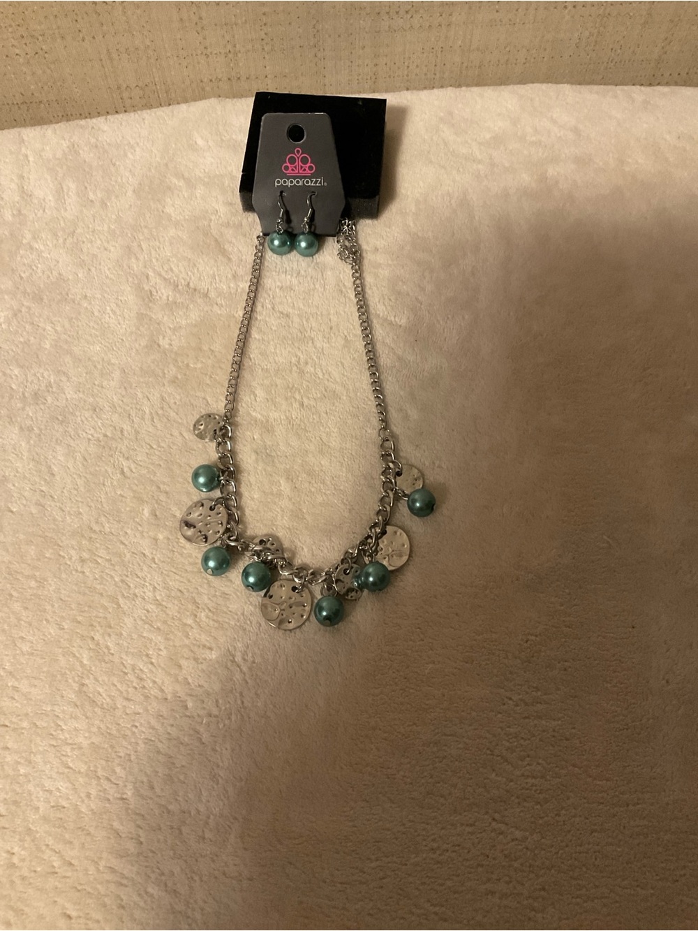 paparazzi Teal Pearl and Silver Disc Charm Necklace Set